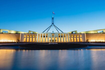 A photo of Parliament House in Canberra at twilight with the building and lights reflected in the lake at the front.