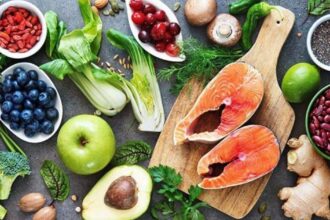 Selection of healthful foods on a table