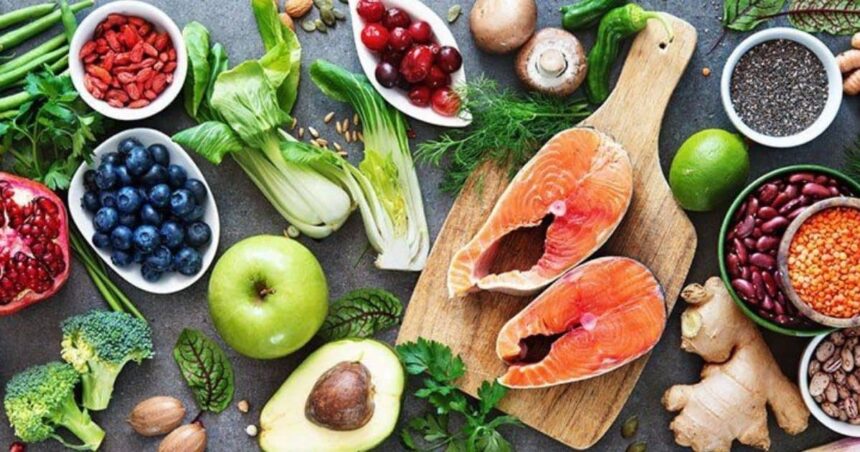 Selection of healthful foods on a table