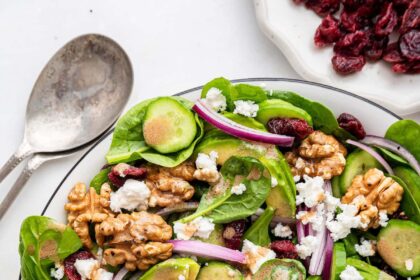 A bowl of spinach salad with ingredients like red onion, walnut, avocado, and cranberries.