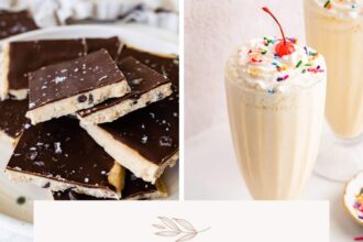 Collage of four photos: cookie dough bark, protein milkshake, Greek yogurt popsicles and chocolate protein cake.