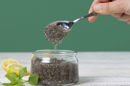 Chia seeds in water, in a jar