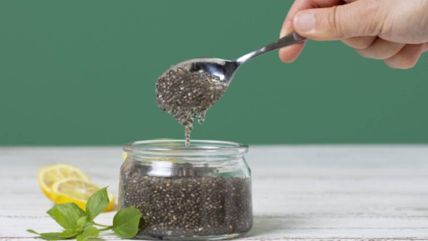 Chia seeds in water, in a jar