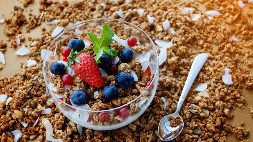 A bowl of muesli with fruits