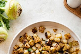 A plate of seasoned and roasted kohlrabi with a kohlrabi root near the plate.