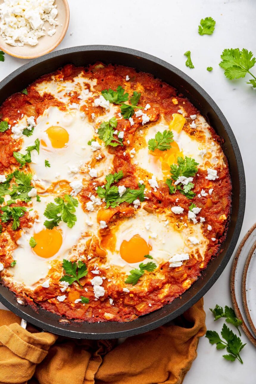 A cast iron skillet with shakshuka. It contains poached eggs in a tomato based sauce and is topped with crumbled feta cheese and fresh herbs.