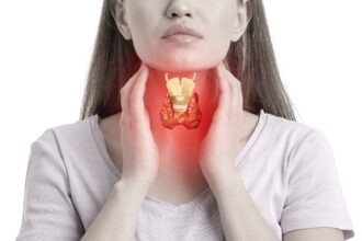 Woman holding her throat and showing  where her thyroid is