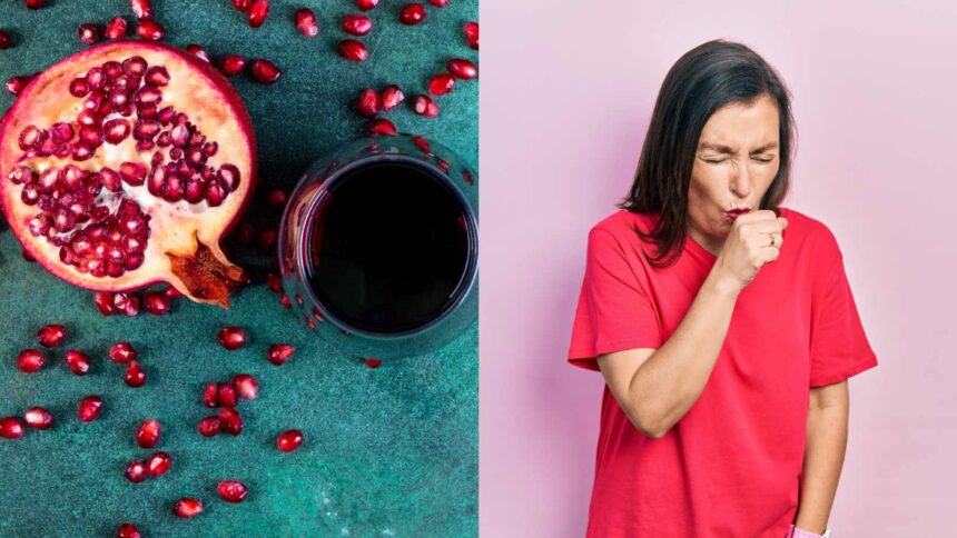 A woman coughing, a pomegranate