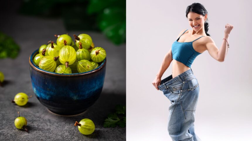 A bowl of amla and a girl stretching the waist of her jeans