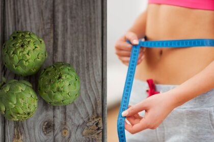 A woman measuring her stomach and three custard apples