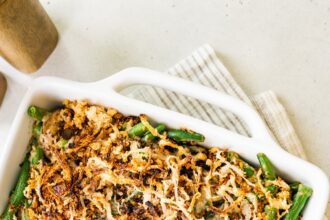 Healthy green bean casserole in a baking dish.