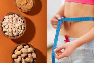 woman measuring her waist and peanuts