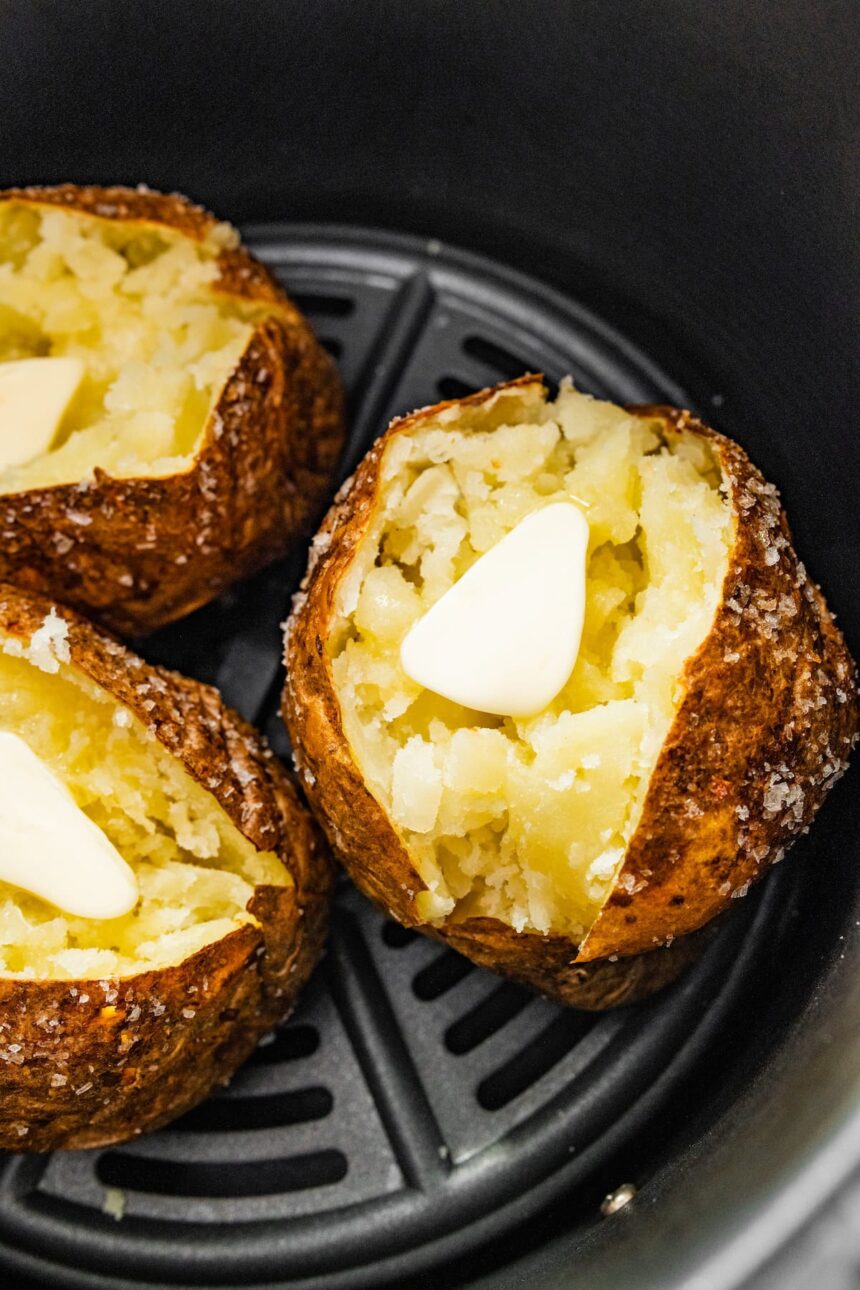 Three air fryer baked potatoes sliced open with butter in an air fryer.