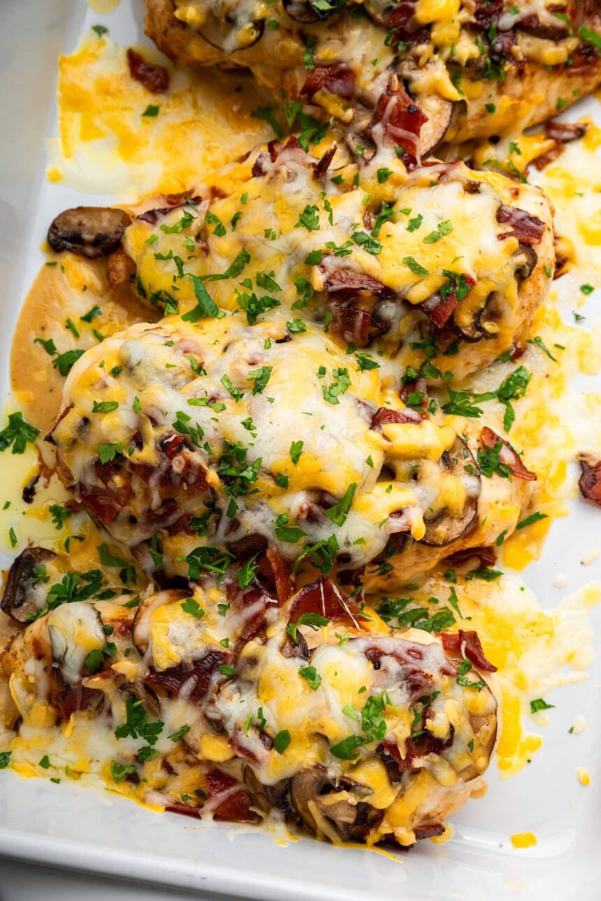 Four chicken breasts in a white baking dish topped with mushrooms, turkey bacon, melted cheese and fresh parsley.