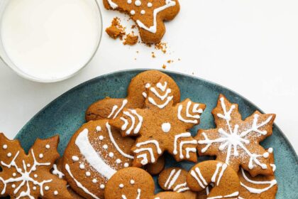 Multiple gingerbread cookies decorated with icing on a plate.