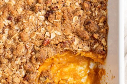 Healthy green bean casserole in a baking dish.