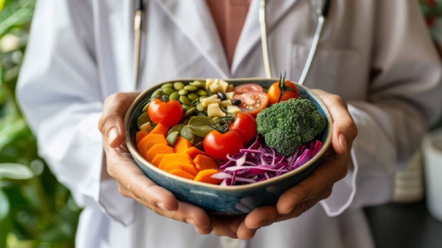 A doctor holding a plate of food