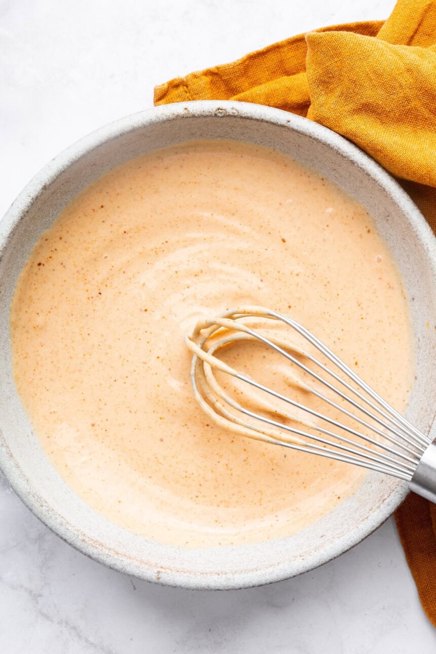 Homemade yum yum sauce in a small ceramic bowl with a silver whisk.